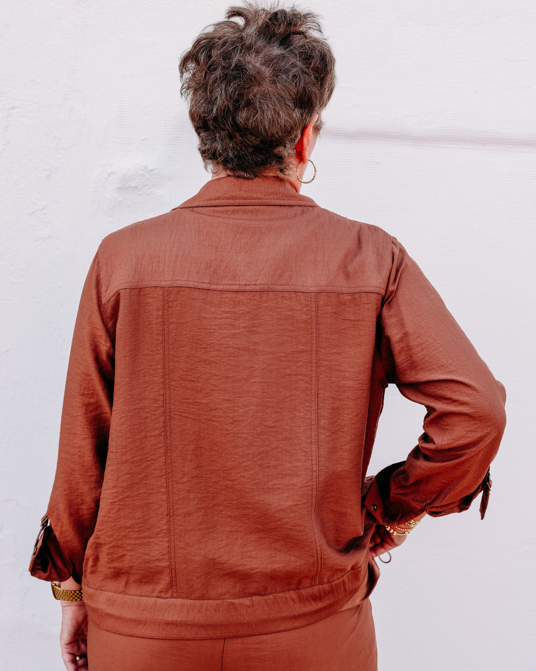 Multiples: D-Ring Roll Tab Long Sleeve Snap Front Drawstring Waist Woven Jacket in Cocoa (M36511JM)
