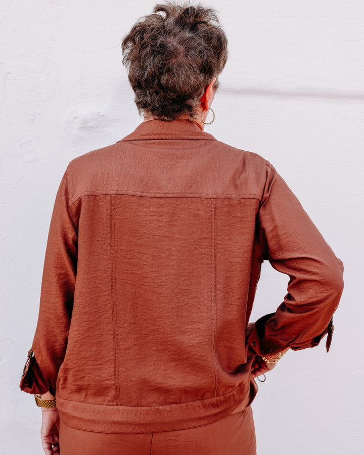 Multiples: D-Ring Roll Tab Long Sleeve Snap Front Drawstring Waist Woven Jacket in Cocoa (M36511JM)