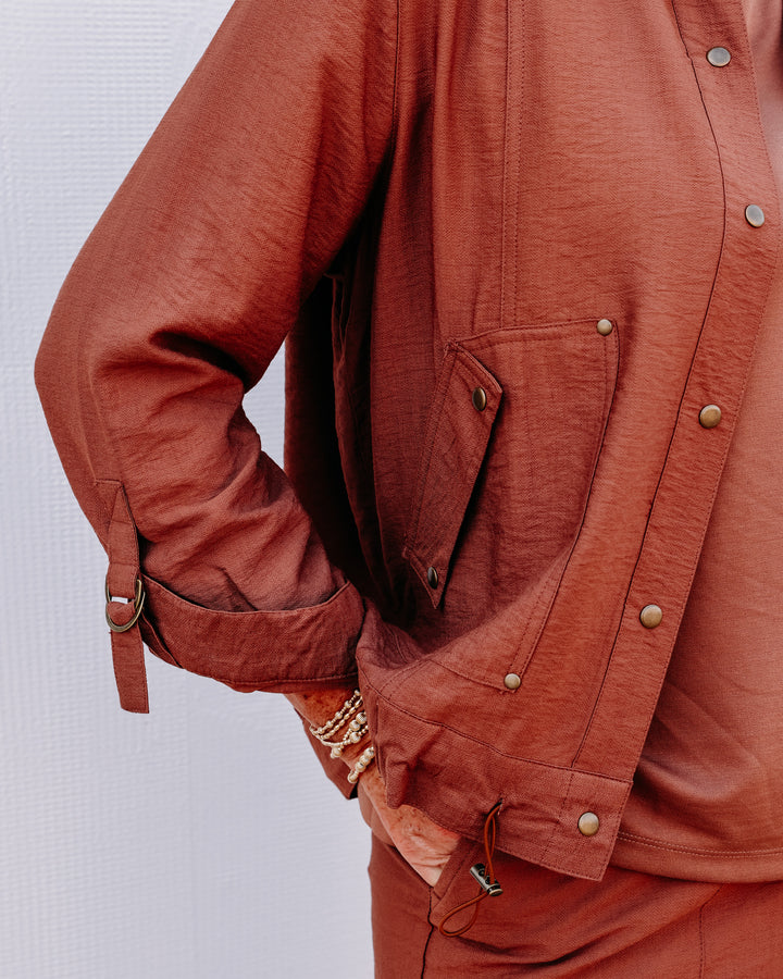 Multiples: D-Ring Roll Tab Long Sleeve Snap Front Drawstring Waist Woven Jacket in Cocoa (M36511JM)