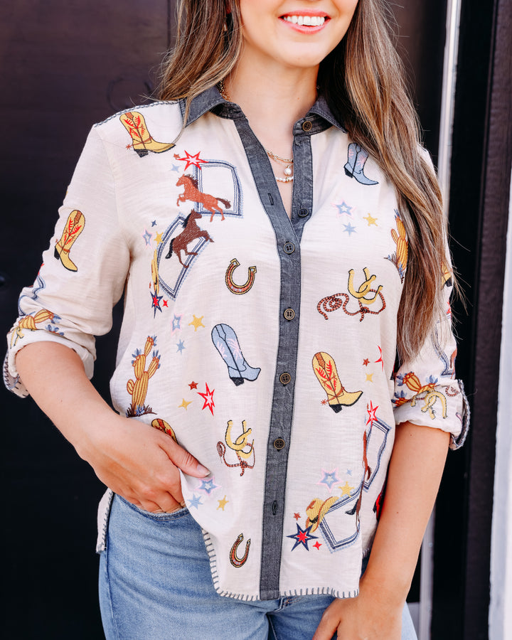 John Mark: Woven Embroidered Long Sleeve Snap Button Front Blouse in Cream (J36744BM)