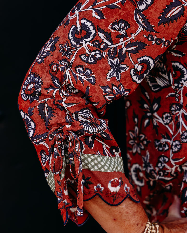 John Mark: Woven Mix Print 3/4 Cinch Sleev Split Neck Tunic Details in Flrmlt (J36835TM)