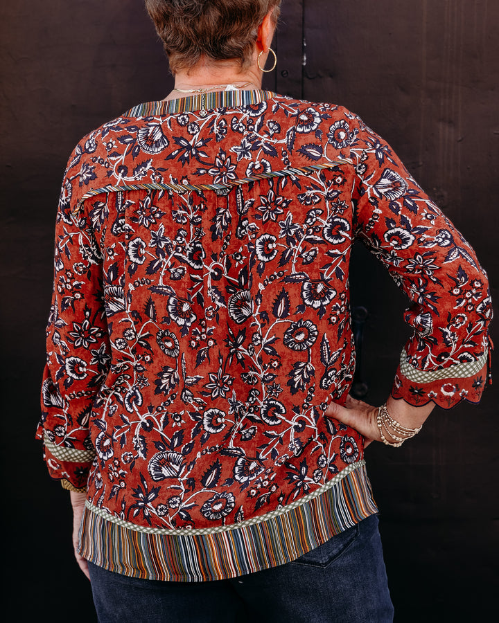 John Mark: Woven Mix Print 3/4 Cinch Sleev Split Neck Tunic Details in Flrmlt (J36835TM)
