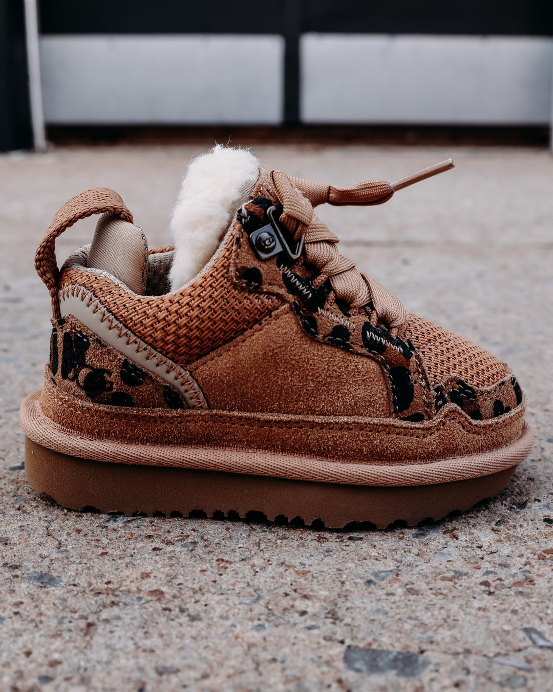 fur lined chestnut colored tennis shoe with leopard sheepskin details
