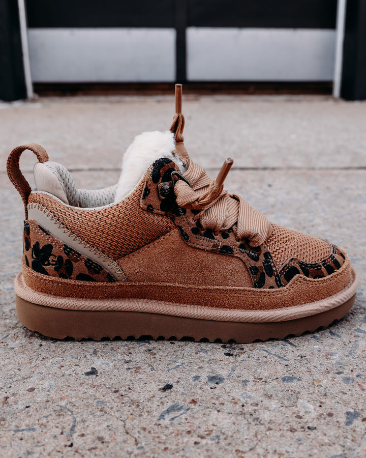 fur lined chestnut colored tennis shoe with leopard sheepskin details