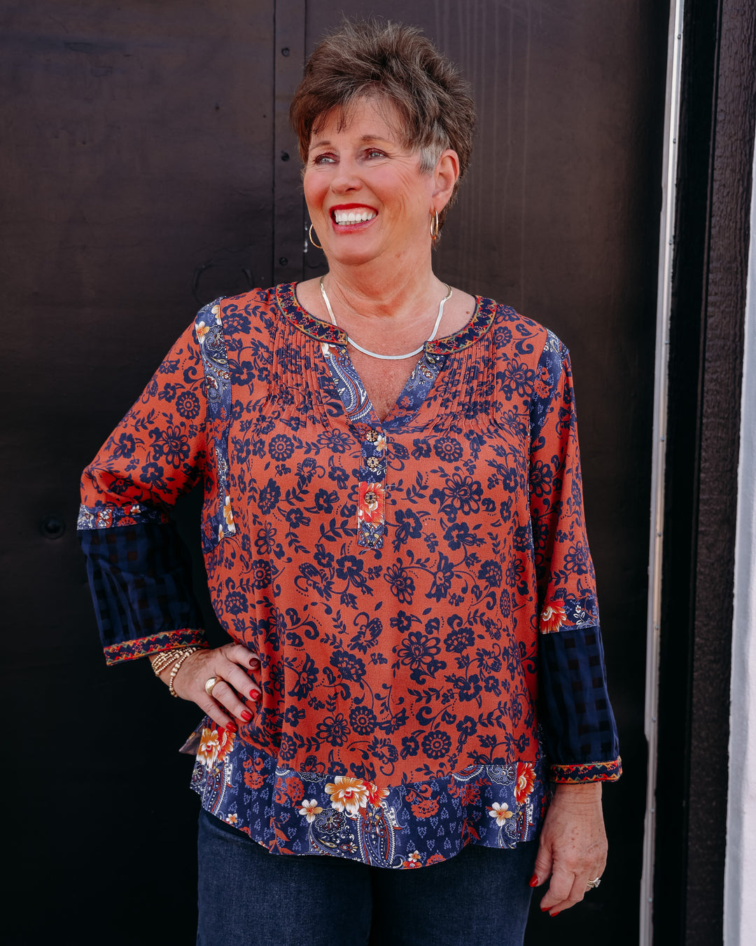 John Mark: Embroidered Neck Peasant Tunic 3/4 Sleeves in Multi (J36847TM)