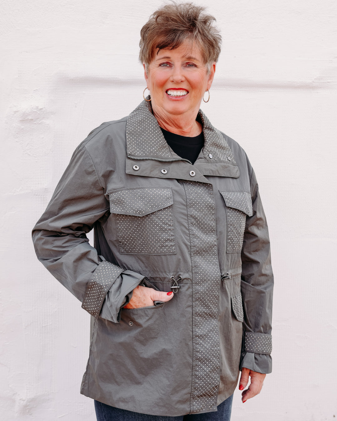 Joseph Ribkoff: Nylon Mock-Neck Embellished Jacket in Avocado (263633)