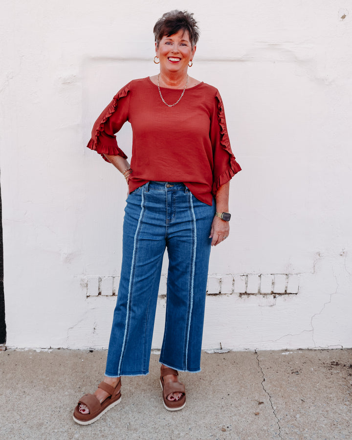 Multiples: 3/4 Ruffle Sleeve Scoop Neck Button Back Woven Top in Brick (M36105TM)