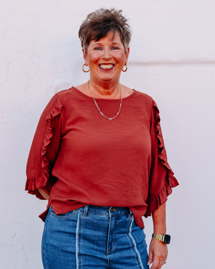 Multiples: 3/4 Ruffle Sleeve Scoop Neck Button Back Woven Top in Brick (M36105TM)