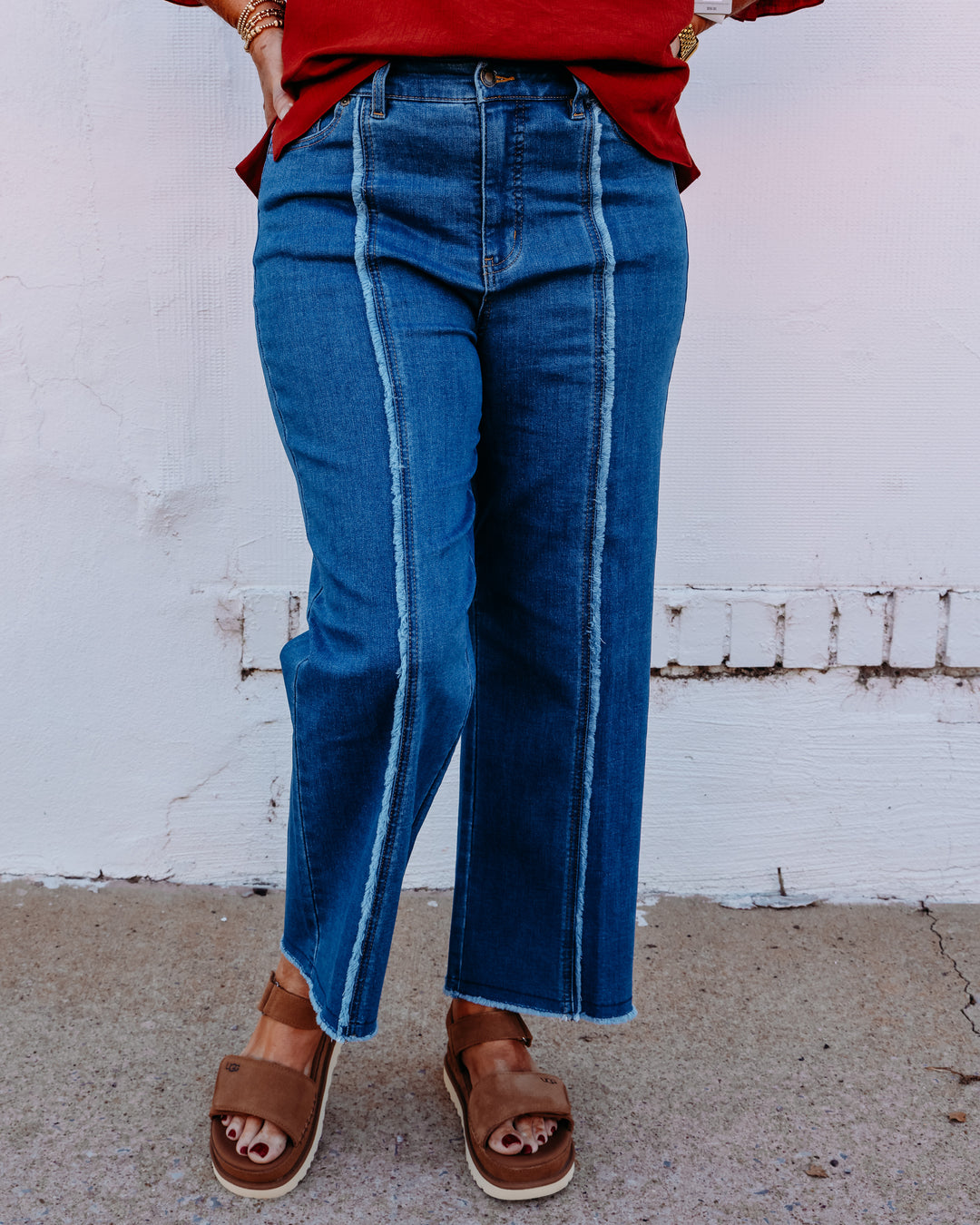 Multiples: Zip and Button Front 5-Pocket Woven Crop Jean with Front Fringe Seam in Medium Indigo (M36715PM)