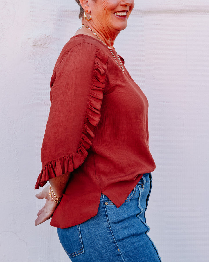Multiples: 3/4 Ruffle Sleeve Scoop Neck Button Back Woven Top in Brick (M36105TM)