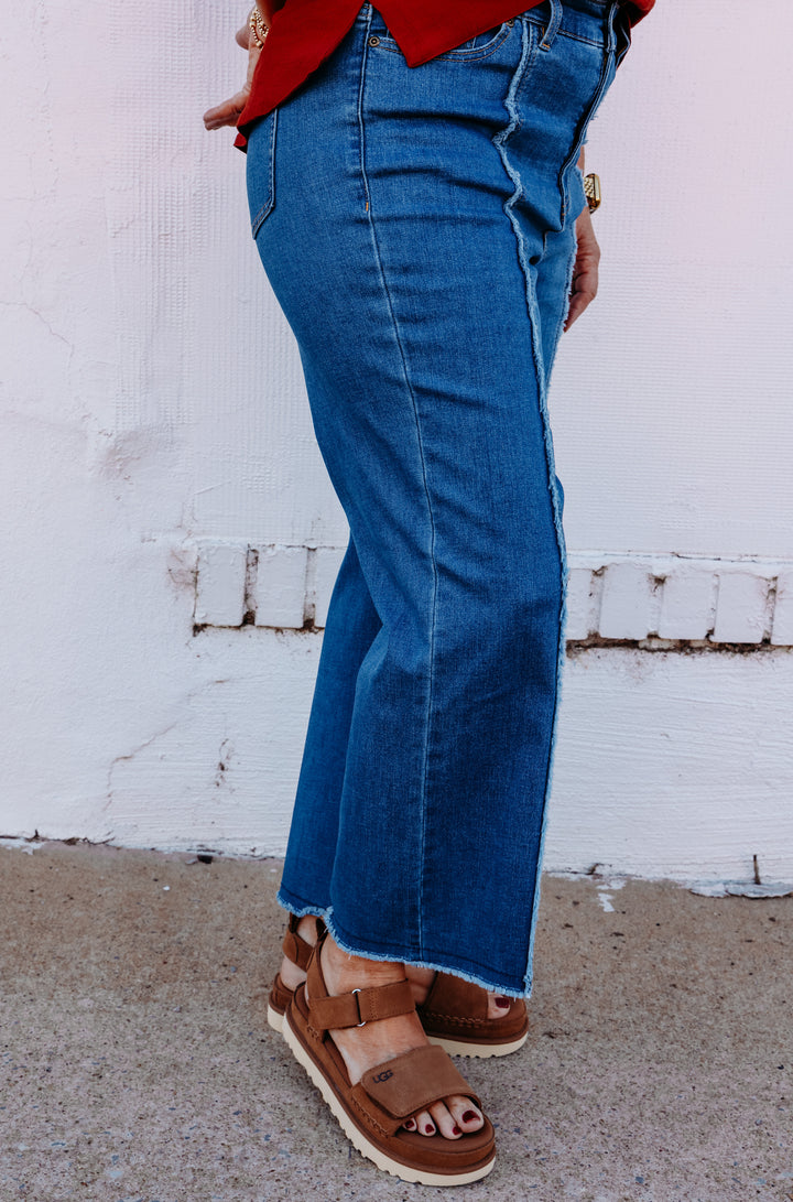 Multiples: Zip and Button Front 5-Pocket Woven Crop Jean with Front Fringe Seam in Medium Indigo (M36715PM)
