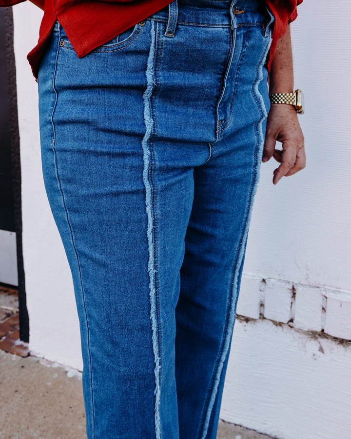 Multiples: Zip and Button Front 5-Pocket Woven Crop Jean with Front Fringe Seam in Medium Indigo (M36715PM)