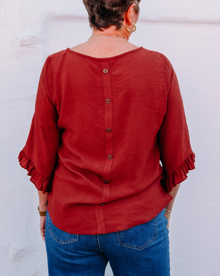 Multiples: 3/4 Ruffle Sleeve Scoop Neck Button Back Woven Top in Brick (M36105TM)