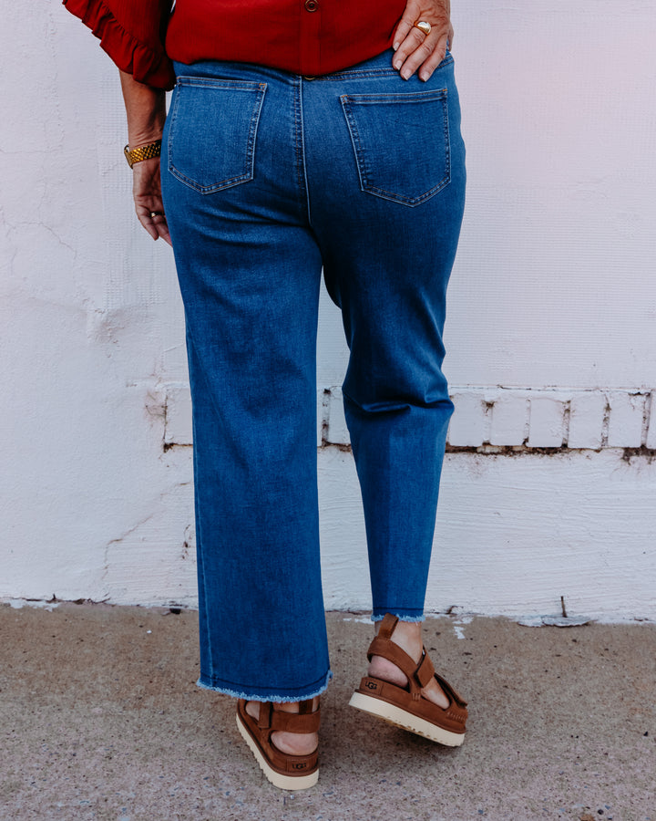 Multiples: Zip and Button Front 5-Pocket Woven Crop Jean with Front Fringe Seam in Medium Indigo (M36715PM)
