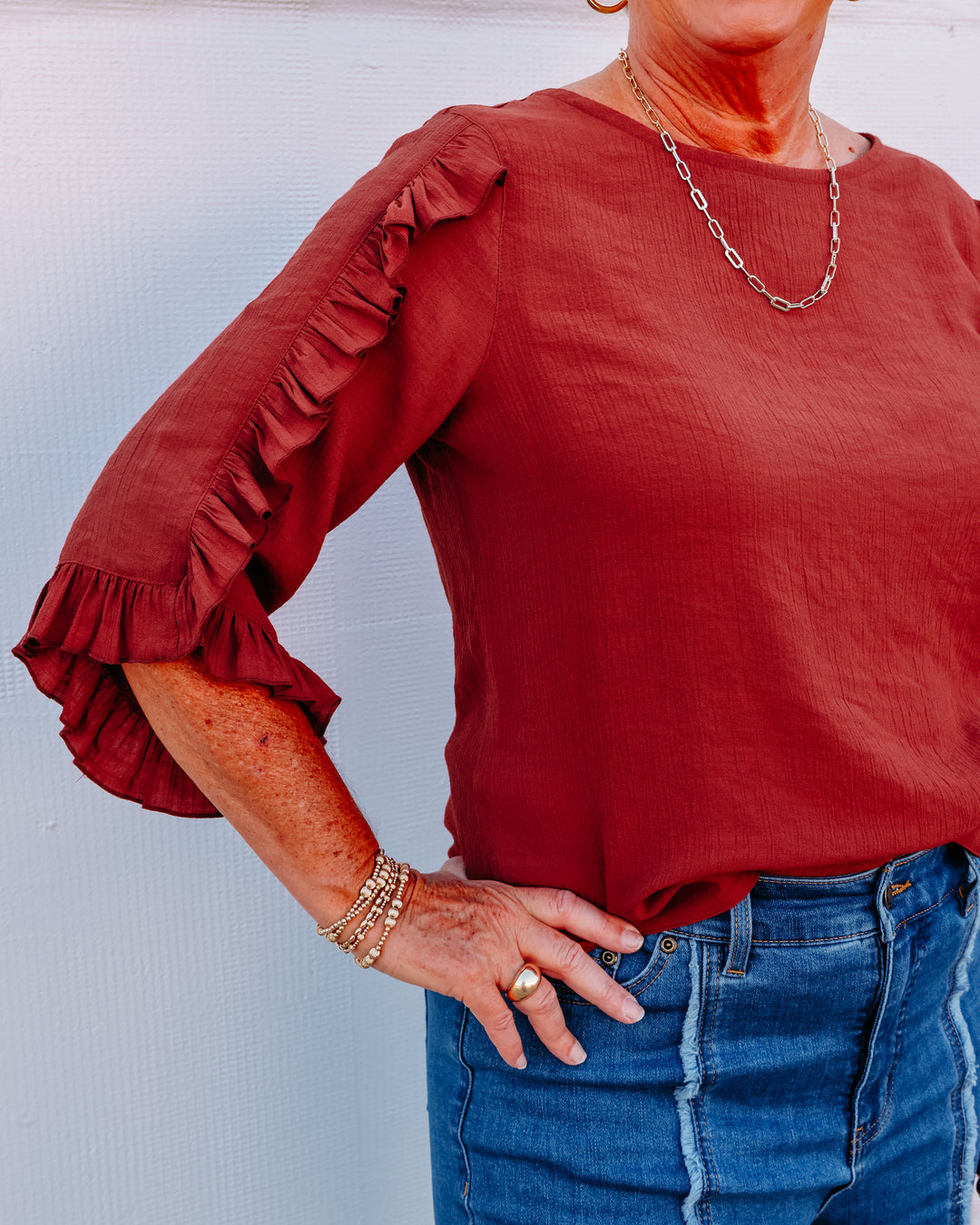 Multiples: 3/4 Ruffle Sleeve Scoop Neck Button Back Woven Top in Brick (M36105TM)