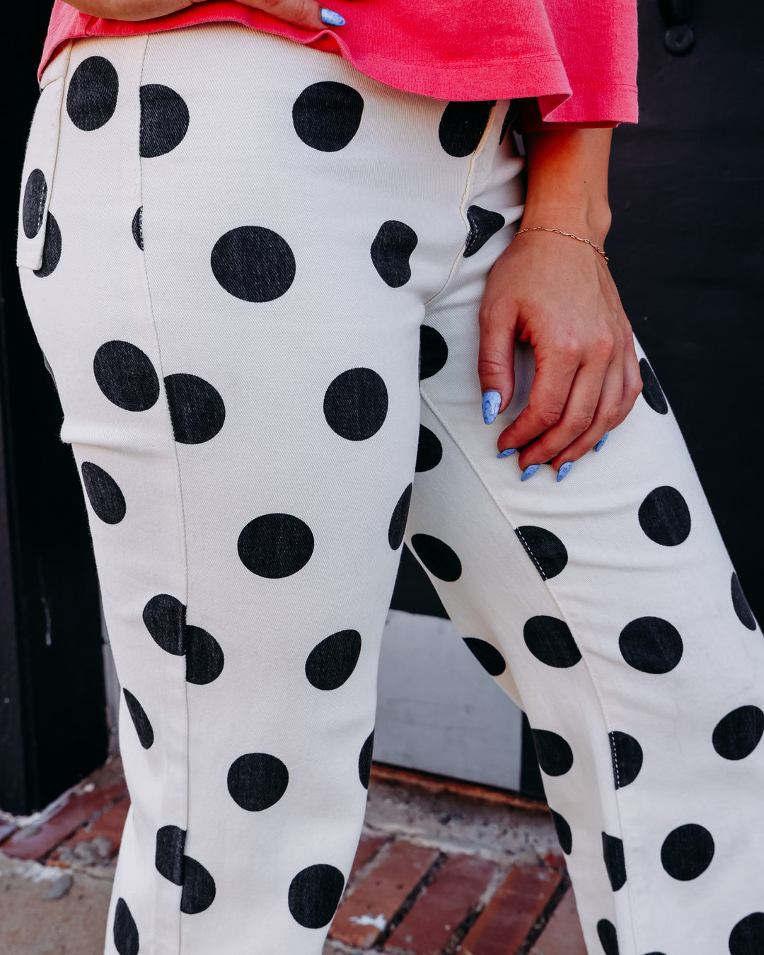 Poppy & Pine: Big Polka Dot Stretchy Ivory Denim Jeans