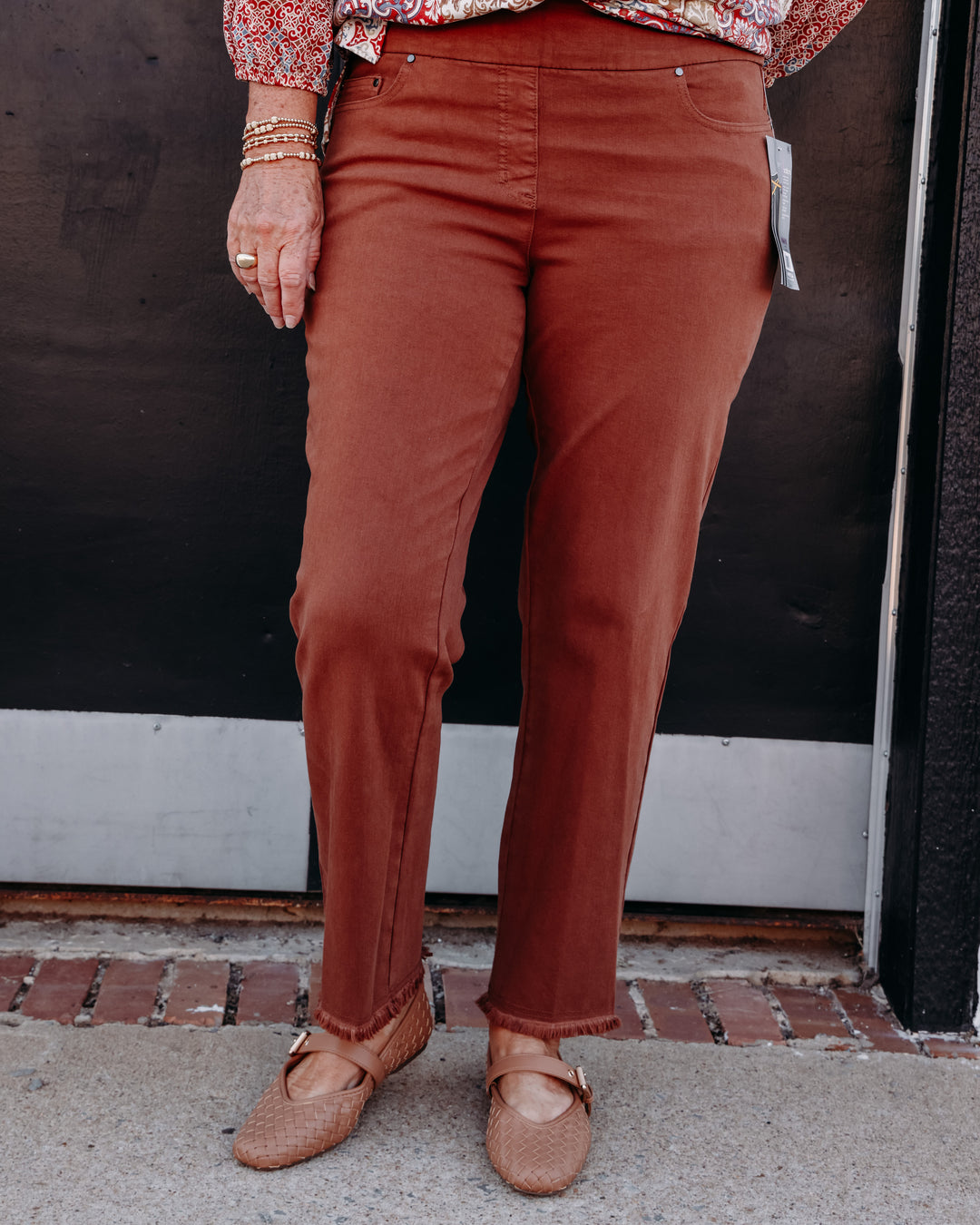 Multiples: Pull On 5-Pocket Fringe Hem Woven Ankle Pant in Cocoa (M35714PM)
