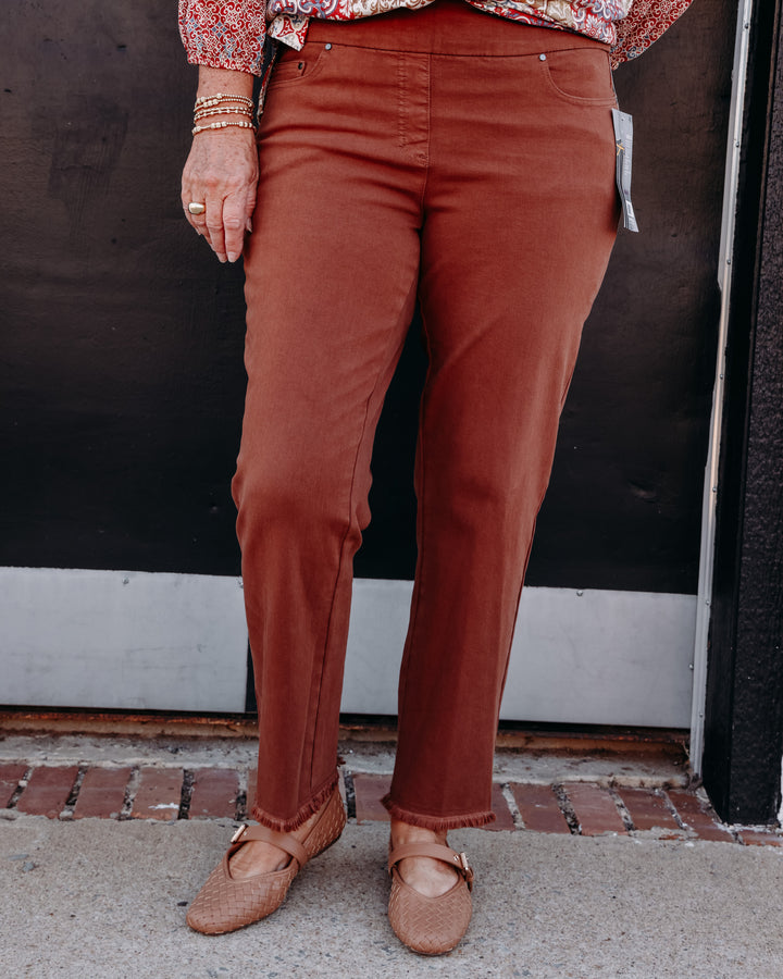 Multiples: Pull On 5-Pocket Fringe Hem Woven Ankle Pant in Cocoa (M35714PM)