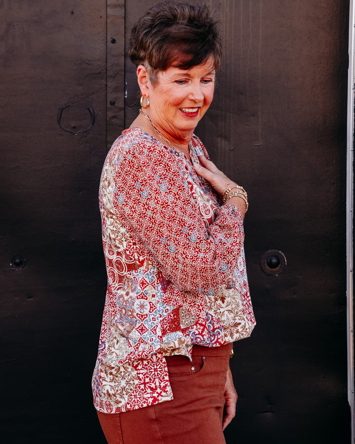 Multiples: 3/4 Sleeve Notch Neck Embroidery Knit Top with Embroidery in Multi (M36508TM)