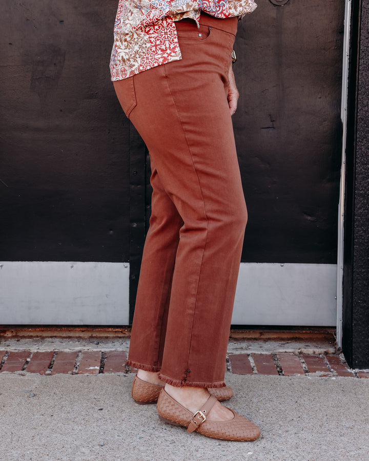 Multiples: Pull On 5-Pocket Fringe Hem Woven Ankle Pant in Cocoa (M35714PM)