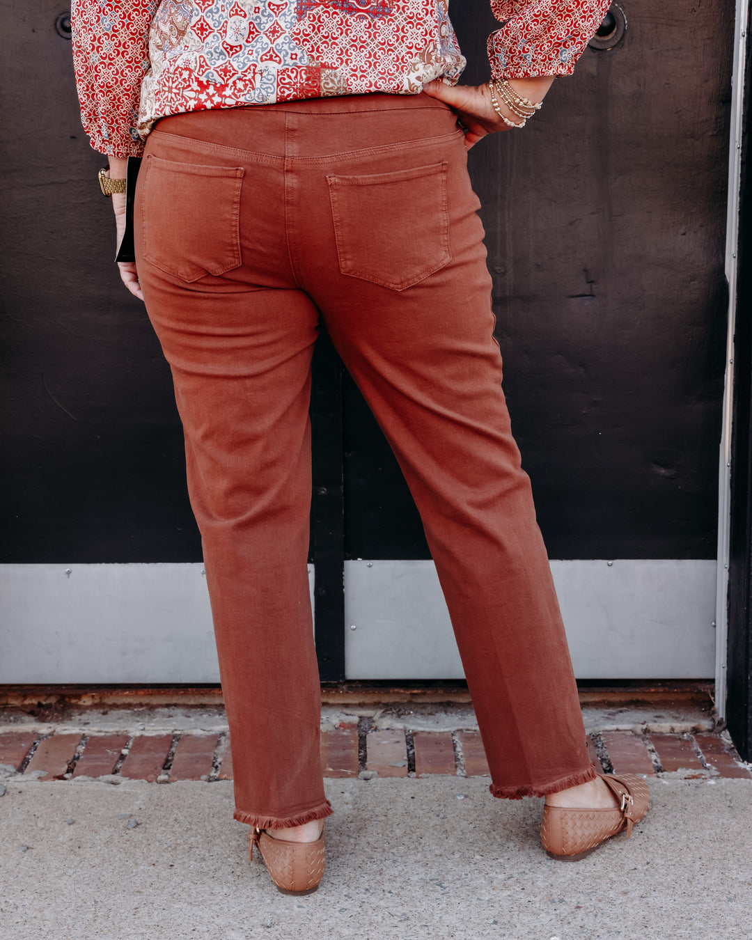 Multiples: Pull On 5-Pocket Fringe Hem Woven Ankle Pant in Cocoa (M35714PM)
