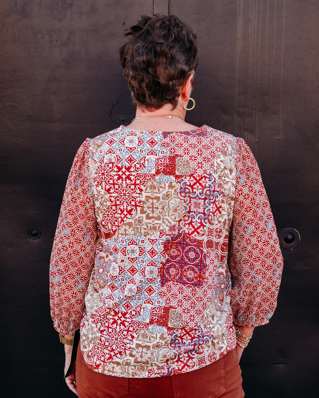 Multiples: 3/4 Sleeve Notch Neck Embroidery Knit Top with Embroidery in Multi (M36508TM)