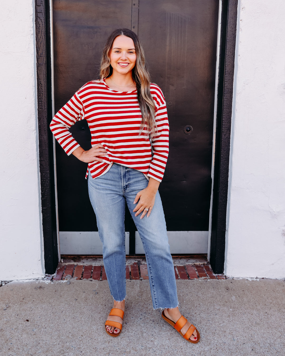 Multiples: 3/4 Sleeve Drop Shoulder Wide Neck Knit Top in Brick (M36507TM)