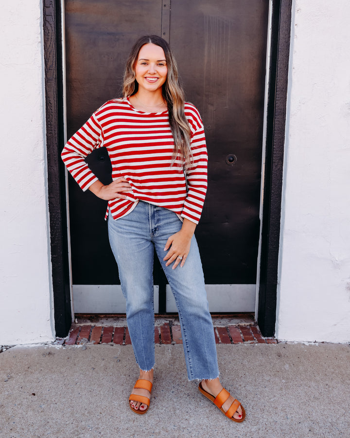 Multiples: 3/4 Sleeve Drop Shoulder Wide Neck Knit Top in Brick (M36507TM)