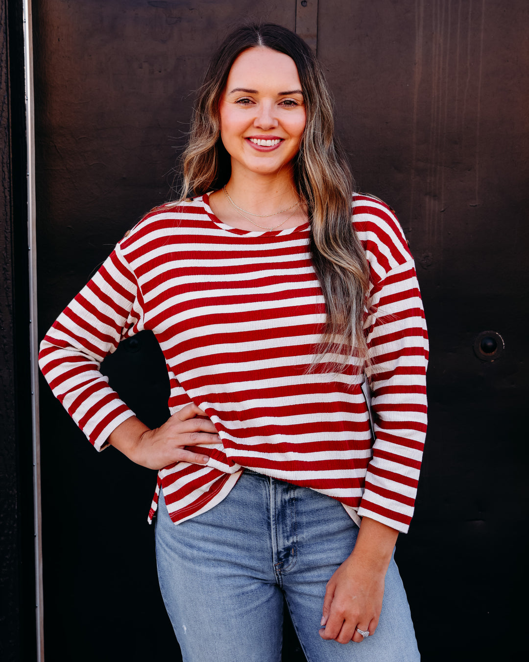 Multiples: 3/4 Sleeve Drop Shoulder Wide Neck Knit Top in Brick (M36507TM)
