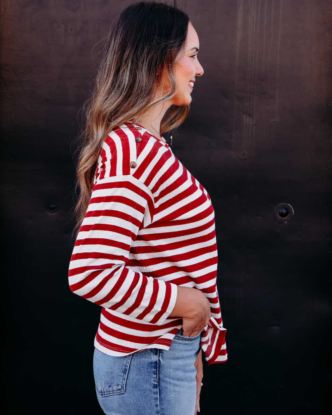 Multiples: 3/4 Sleeve Drop Shoulder Wide Neck Knit Top in Brick (M36507TM)