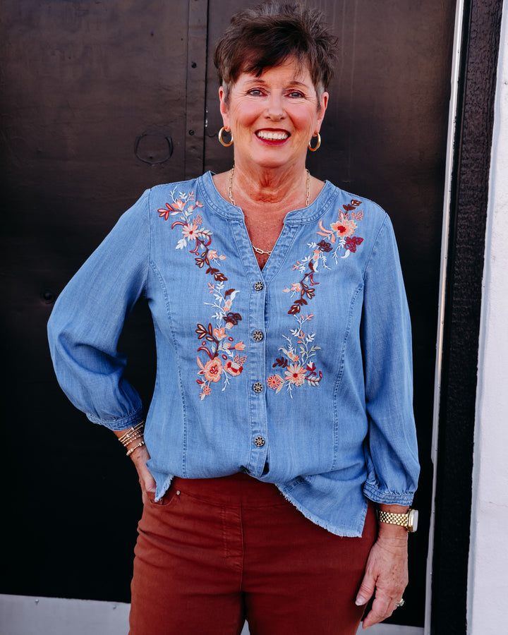 Multiples: 3/4 Sleeve Band Collar Button Front Woven Shirt With Embroidery & Fringe Hem in Multi (M36506BM)