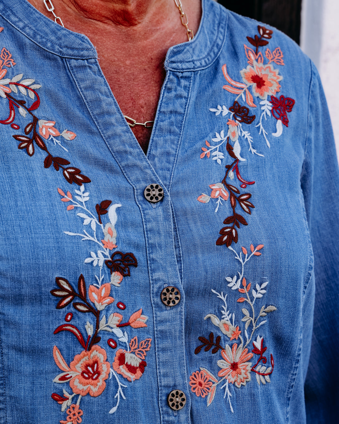 Multiples: 3/4 Sleeve Band Collar Button Front Woven Shirt With Embroidery & Fringe Hem in Multi (M36506BM)