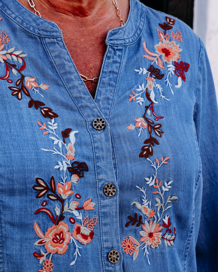 Multiples: 3/4 Sleeve Band Collar Button Front Woven Shirt With Embroidery & Fringe Hem in Multi (M36506BM)