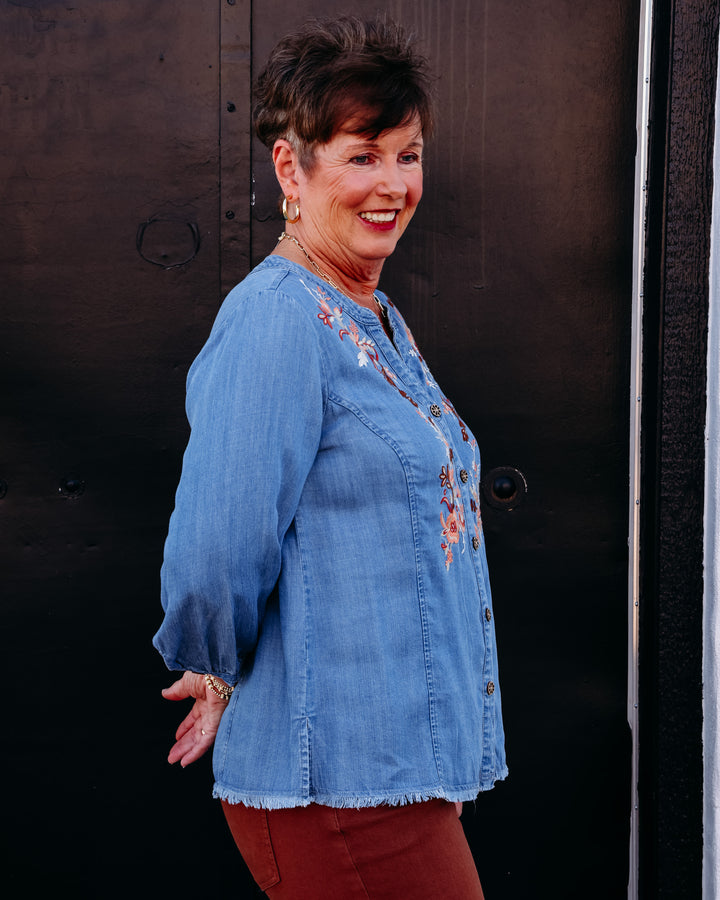 Multiples: 3/4 Sleeve Band Collar Button Front Woven Shirt With Embroidery & Fringe Hem in Multi (M36506BM)