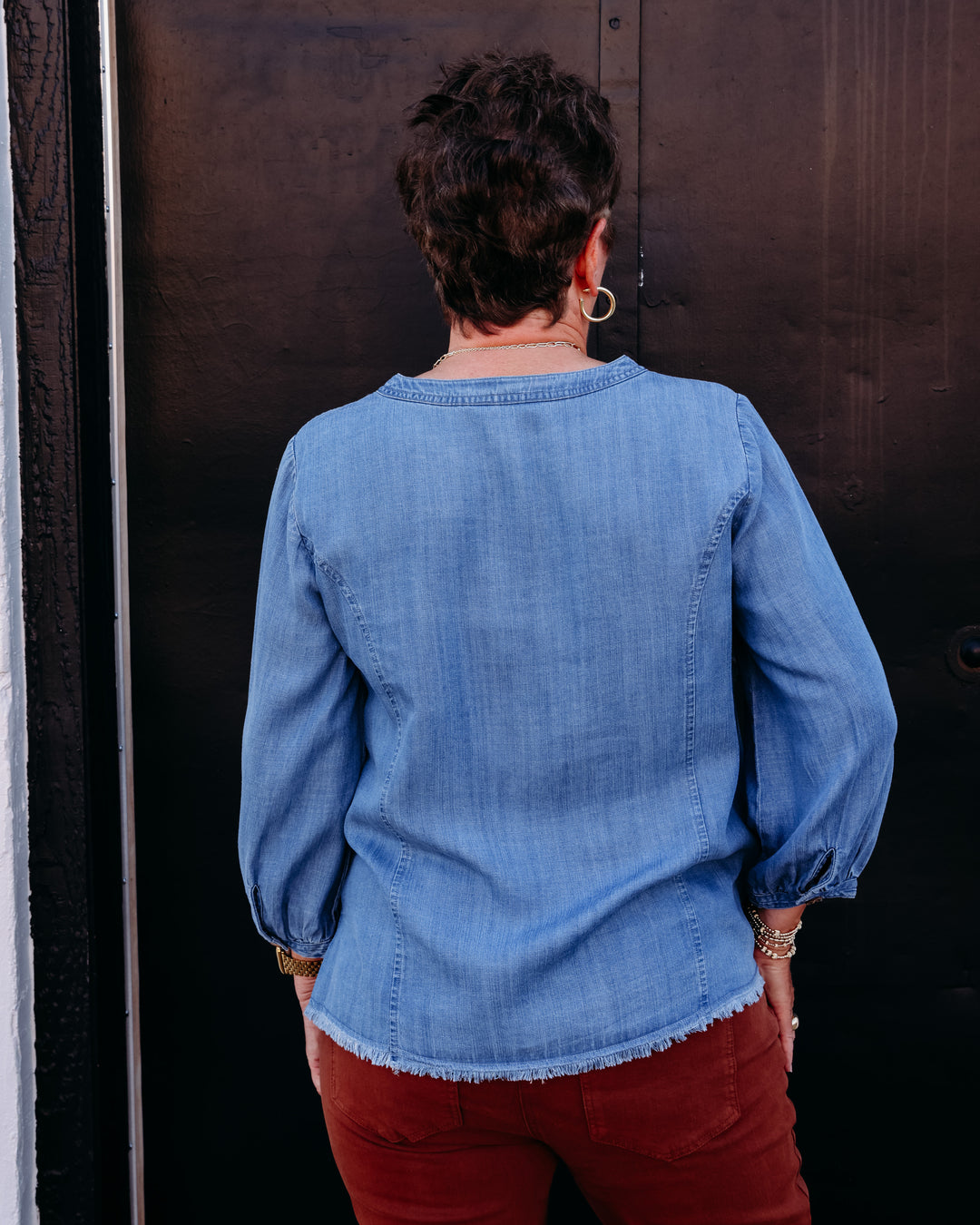 Multiples: 3/4 Sleeve Band Collar Button Front Woven Shirt With Embroidery & Fringe Hem in Multi (M36506BM)