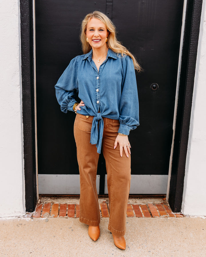 Karen Kane: Denim Tie Front Top in Medium Blue (3L62100)