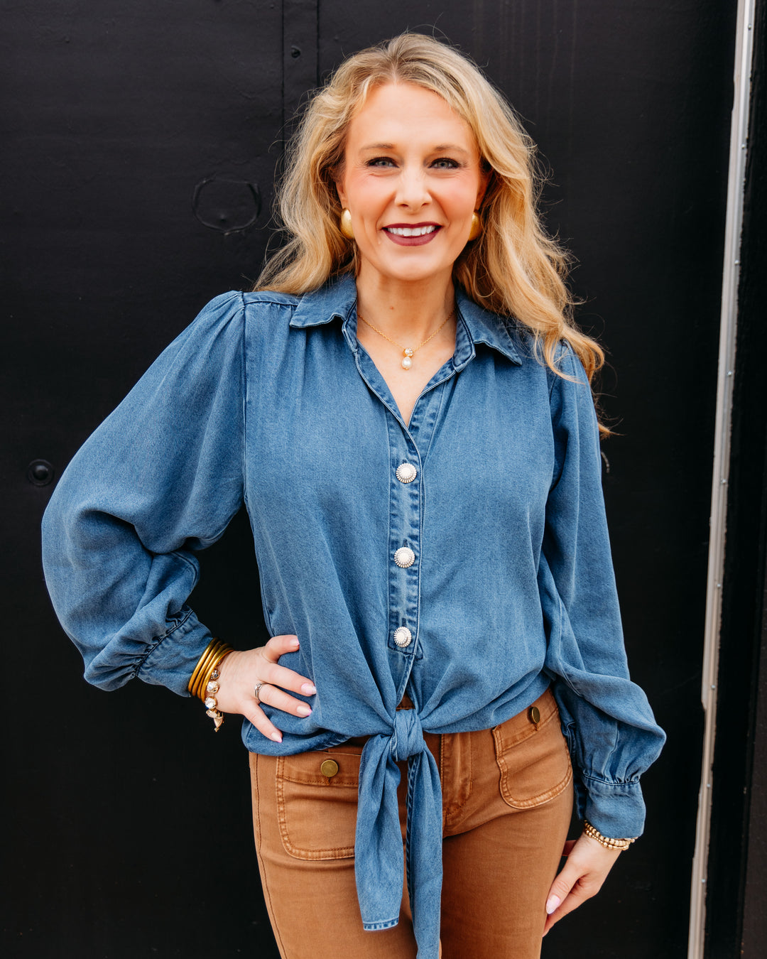 Karen Kane: Denim Tie Front Top in Medium Blue (3L62100)