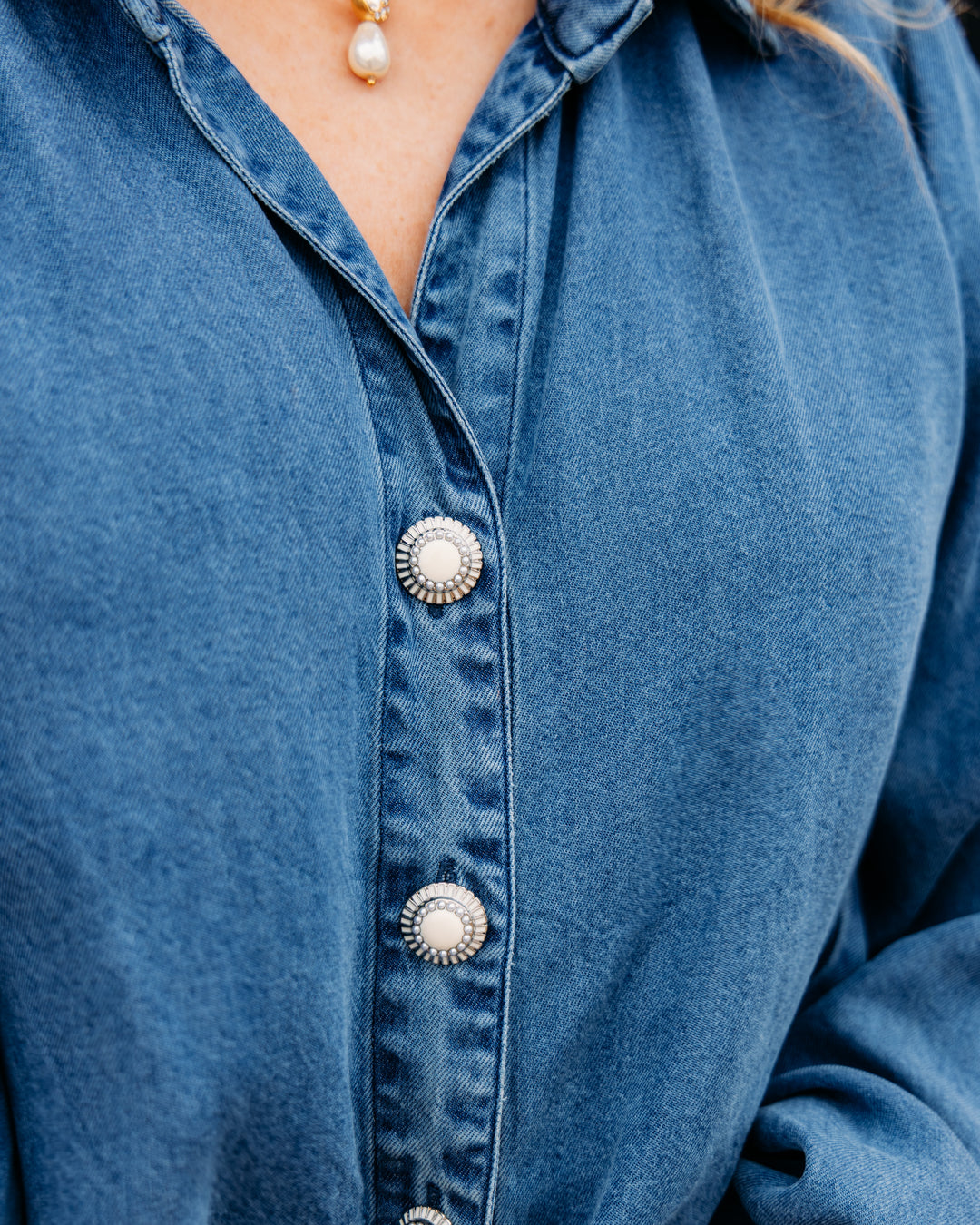 Karen Kane: Denim Tie Front Top in Medium Blue (3L62100)