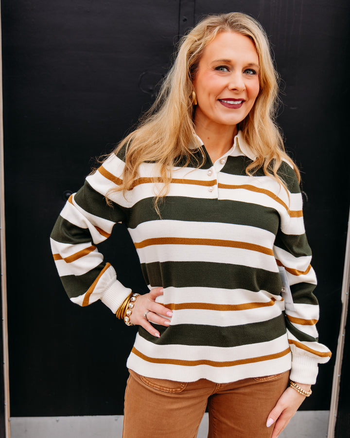 Karen Kane: Game Day Stripe Shirt in Forest/Cream (3L89351)
