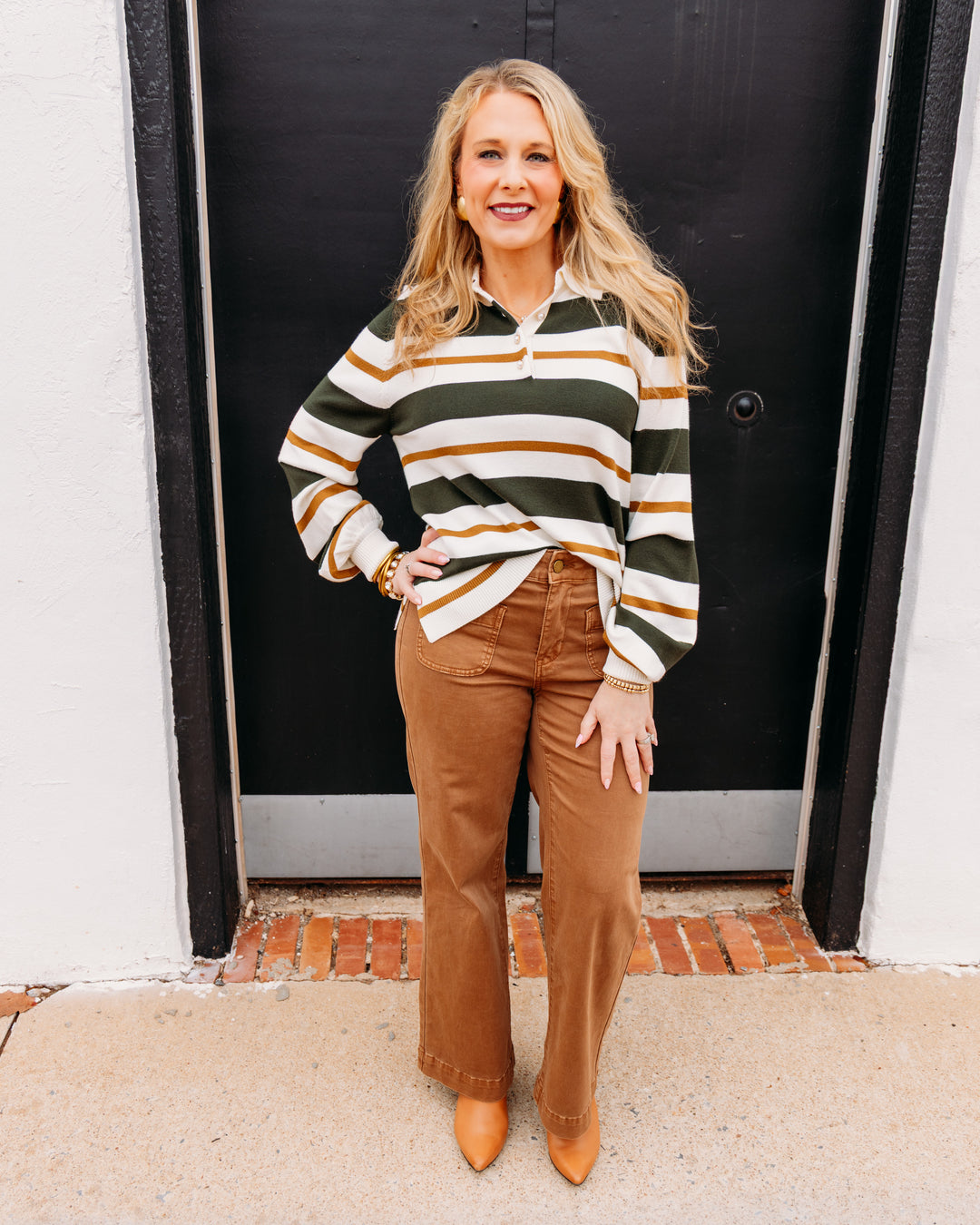Karen Kane: Game Day Stripe Shirt in Forest/Cream (3L89351)