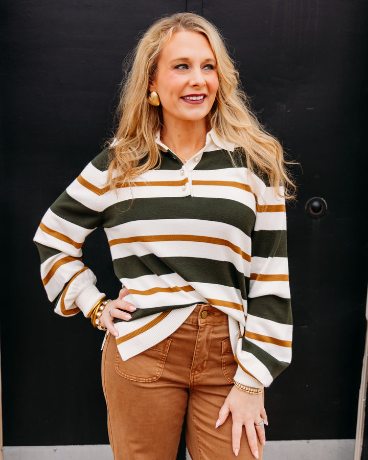 Karen Kane: Game Day Stripe Shirt in Forest/Cream (3L89351)