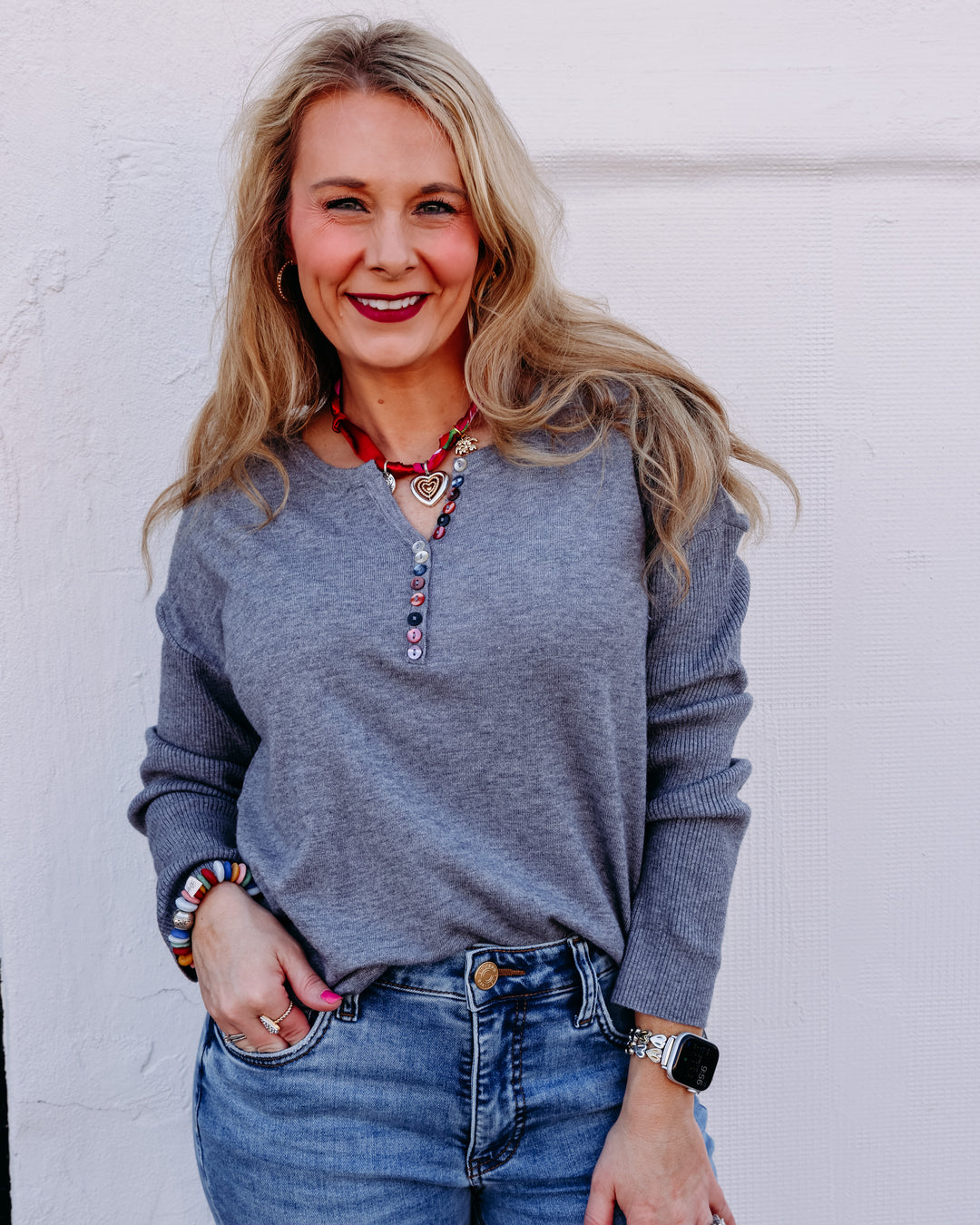 French Dressing Jeans: Notch Neck Rib Sleeve Sweater in Storm 1056212