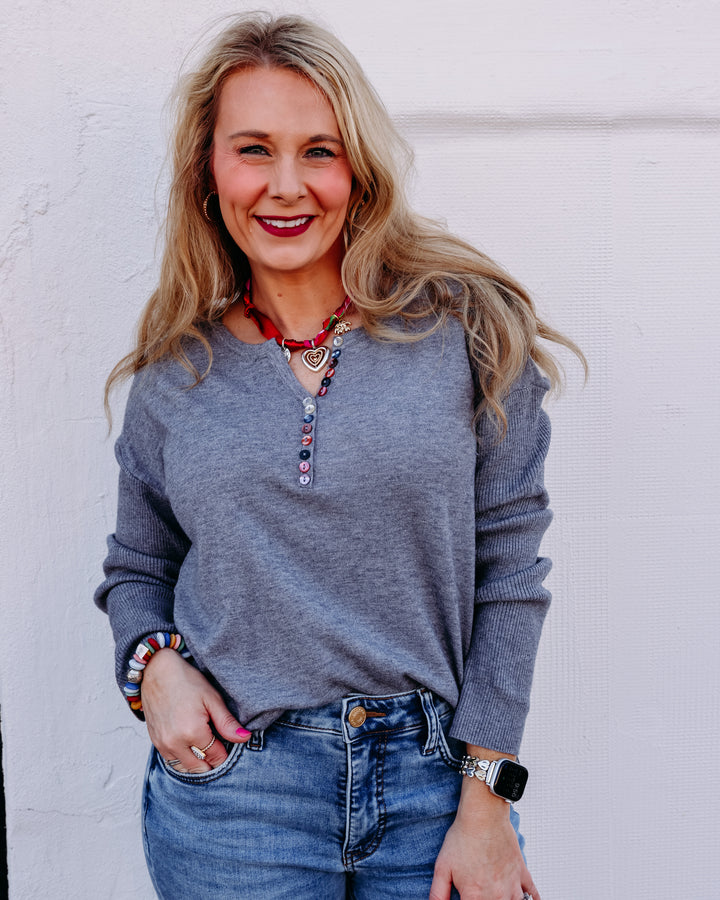 French Dressing Jeans: Notch Neck Rib Sleeve Sweater in Storm 1056212