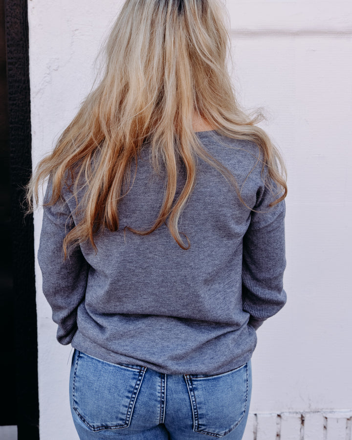 French Dressing Jeans: Notch Neck Rib Sleeve Sweater in Storm 1056212