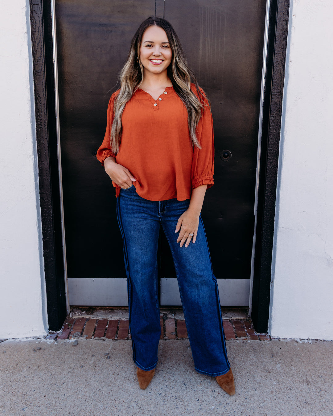Multiples: 3/4 Sleeve Faux Button Front Ruffle Neck Woven Top in Tobaco (M36208TM)