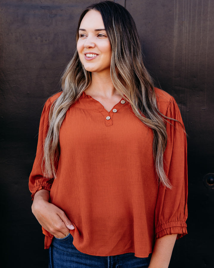 Multiples: 3/4 Sleeve Faux Button Front Ruffle Neck Woven Top in Tobaco (M36208TM)