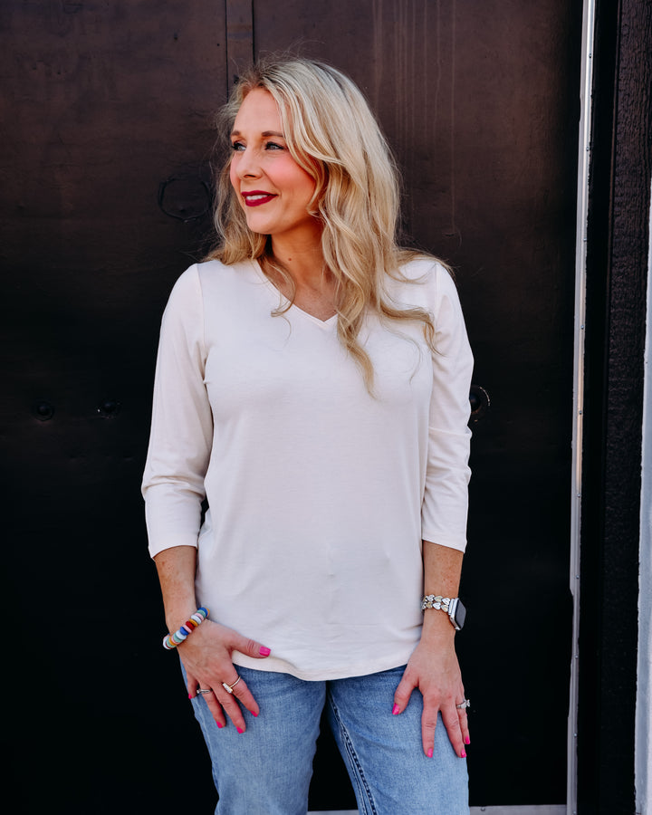 French Dressing Jeans: Cream 3/4 Sleeve V-Neck Top 3318756