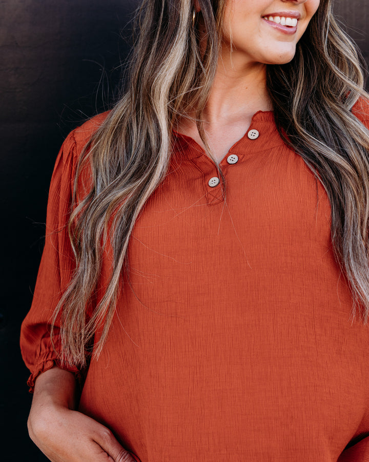 Multiples: 3/4 Sleeve Faux Button Front Ruffle Neck Woven Top in Tobaco (M36208TM)