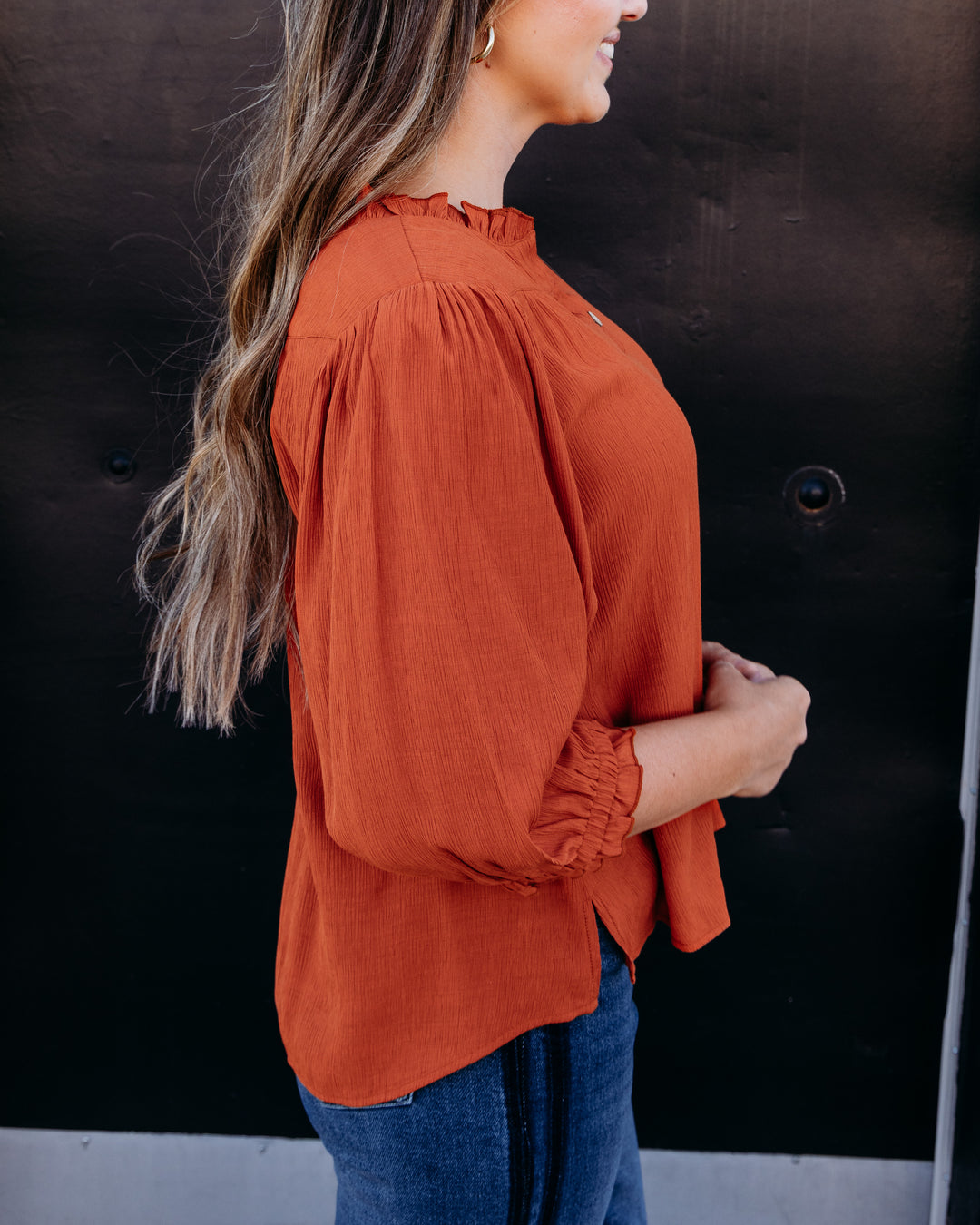 Multiples: 3/4 Sleeve Faux Button Front Ruffle Neck Woven Top in Tobaco (M36208TM)