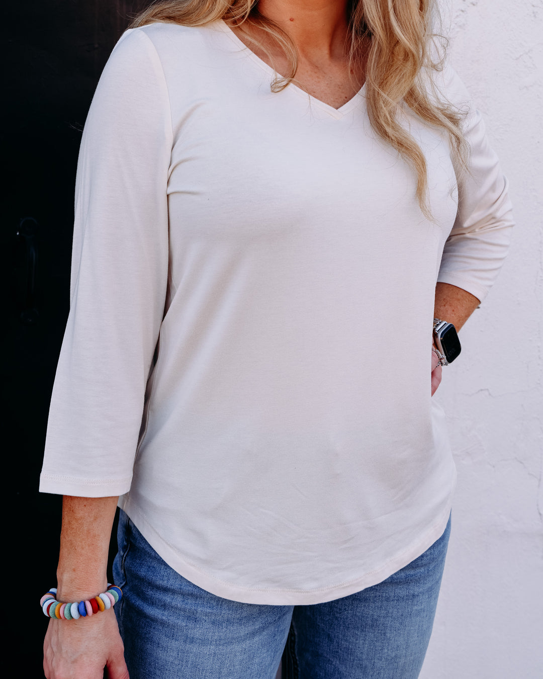 French Dressing Jeans: Cream 3/4 Sleeve V-Neck Top 3318756